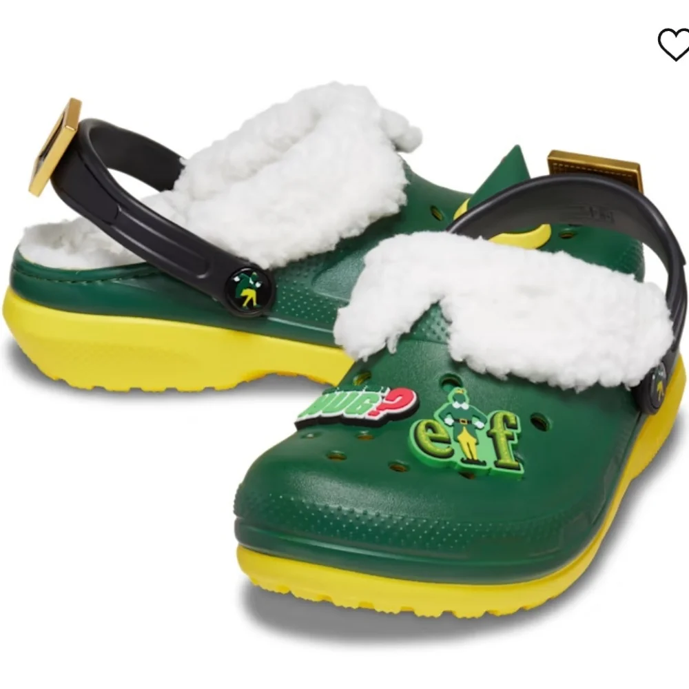 CROCS Green Kids Slippers with White Fleece - Picture 2 of 6